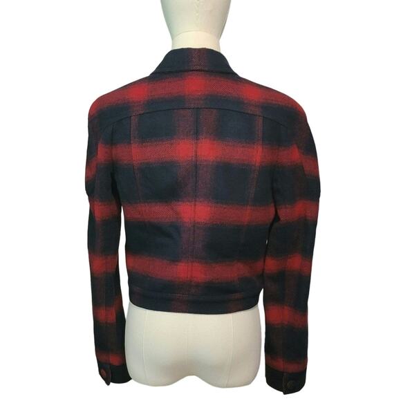 Bebe Plaid Buffalo Check Print Moto Jacket Red Navy Blue Short Crop Size 6 - Picture 13 of 16